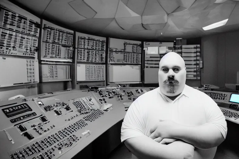 Image similar to heavyset bald man wearing a white shortsleeved shirt and blue jeans working in a nuclear silo control room by Emmanuel Lubezki