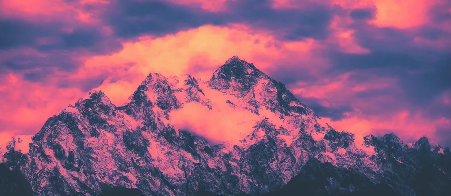 Prompt: beautiful mountain landscape, vaporwave, sunset, professional photography