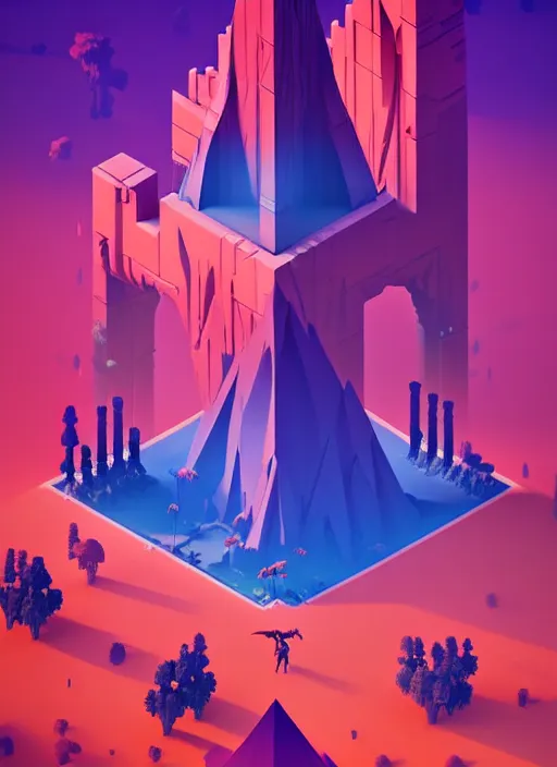 Prompt: a low poly isometric render of horizon zero dawn in the style of monument valley, intricate, elegant, smooth shading, soft lighting, illustration, simple, solid shapes, by magali villeneuve, jeremy lipkin and michael garmash, rob rey and kentaro miura style, octane render, zaha hadid