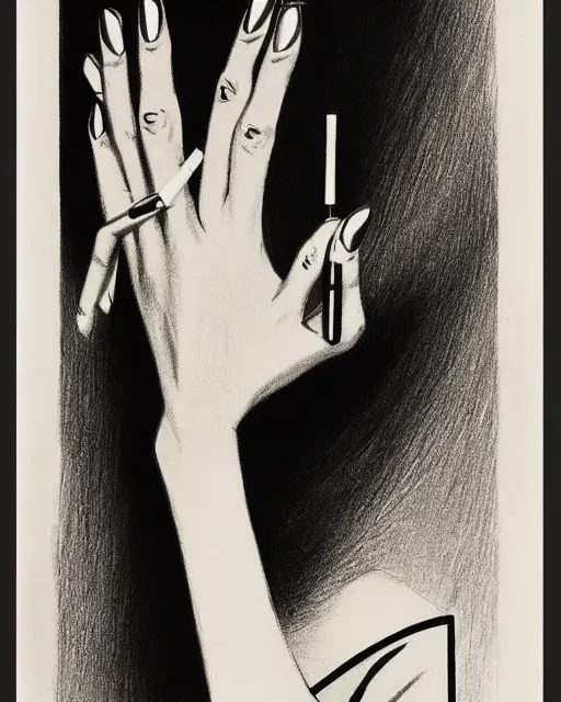 Image similar to drawing lesson, acurate, real, elegant female hand, holding a cigarette with her fingers, elegant up to the elbow, only five fingers, separated, elegant, neat nails, fotorealism, advertisement for a crossover salon, style by Maurits Cornelis Escher, 8k,