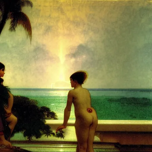 Image similar to Silhouette of two girls at the palace, thunderstorm, greek pool, beach and palm trees on the background major arcana sky, by paul delaroche, alphonse mucha and arnold böcklin arnold böcklin hyperrealistic 8k, very detailed