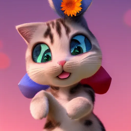 Image similar to tabi cat with flowers, anime, disney, pixar, 8 k, hd, dof, kodak film, volumetric lighting, subsurface scattering, photorealistic, octane render, details