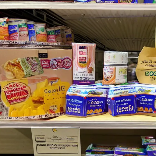 Prompt: a display case of boxes of suddenly sad food product at a grocery store