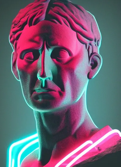 Image similar to portrait of a statue of an angry julius caesar, beeple, vaporwave, retrowave, black background, neon, black, glitch, strong contrast, neon wiring, cuts, pinterest, trending on artstation