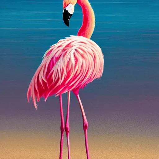 Image similar to A fickle flamingo is standing on a beach full of pink sand, highly detailed, neon artstyle, artstation, intricate, smooth, sharp focus, dark, horror, illustration, art by greg rutkowski and Yuumei, good clear quality, lighting, biology, symmetrical artwork, perfect face, 135 mm, cinematic, hyper realism, high detail, octane render, 8k, crimson highlights