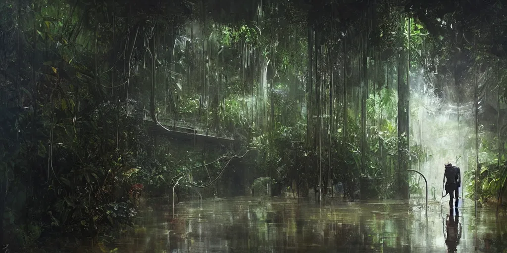 Prompt: an atmospheric painting of an astronaut walking through a flooded underground that is overgrown with jungle plants and vegetation, beautifully lit and highly detailed painting by Johnny Morant