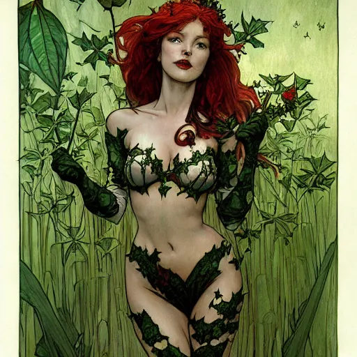 Image similar to a beautiful painting of poison ivy dressed as a martian princess, dark eyeliner, intricate, elegant, highly detailed, digital painting, artstation, concept art, matte, sharp focus, illustration, art by rebecca guay and by arthur rackham and by alphonse mucha and by john william waterhouse