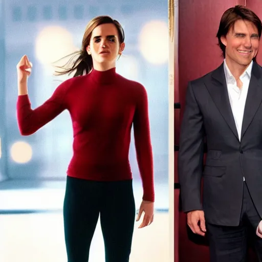 Image similar to ( tom cruise jumping on couch and screaming ) ( emma watson standing in corner )