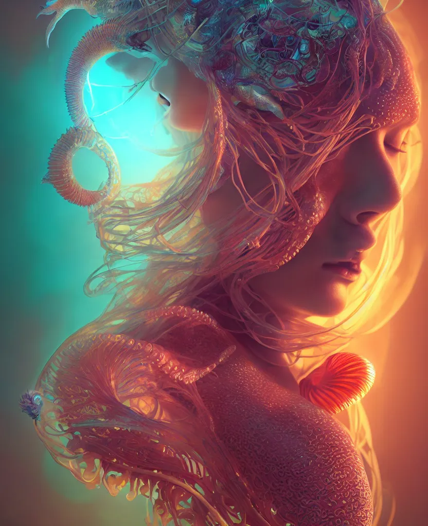 Image similar to goddess close-up portrait. chimera orchid jellyfish phoenix head, nautilus, skull, betta fish, bioluminiscent creatures, intricate artwork by Tooth Wu and wlop and beeple. octane render, trending on artstation, greg rutkowski very coherent symmetrical artwork. cinematic, hyper realism, high detail, octane render, 8k