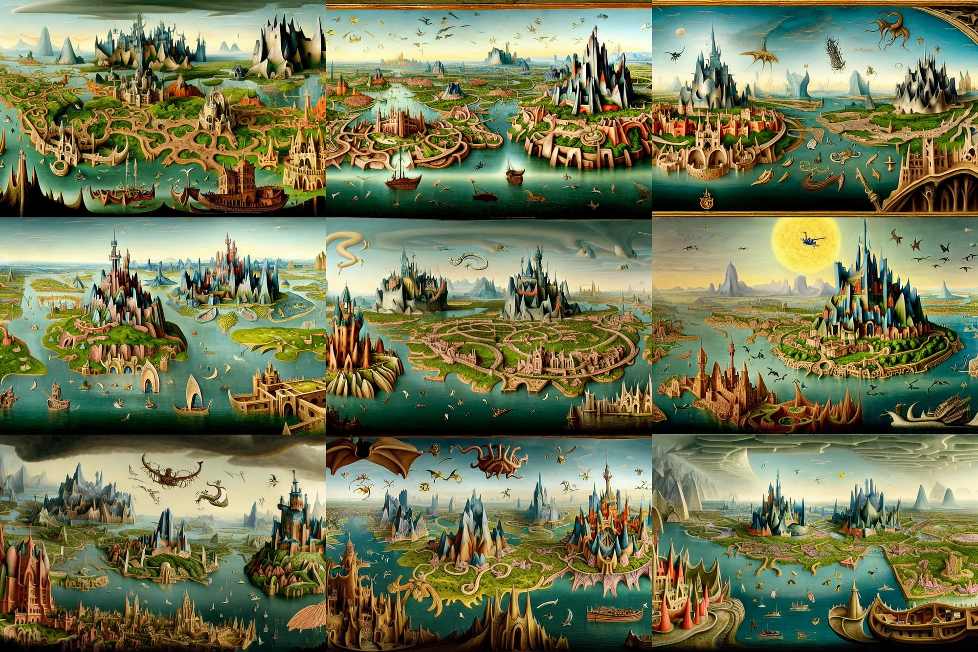 Prompt: a beautiful and insanely detailed matte painting of a magical mythical medieval sprawling city with surreal architecture and mythical creatures designed by Heironymous Bosch, mega structures inspired by Heironymous Bosch's Garden of Earthly Delights, surreal ships in the harbor, the harbor entrance is an open mouth in the style of heironymous bosch, a collaboration between Bernardo Bellotto and Jim Burns and Noah Bradley and Tyler Edlin, rich pastel color palette, masterpiece!!, grand, imaginative!!!, whimsical, intricate details, sense of awe, complex composition!!