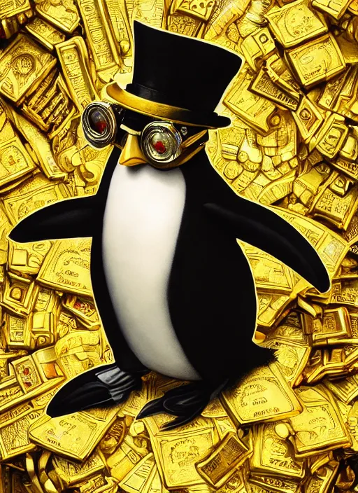 Image similar to athropomorphized rich penguin capitalist sitting on pile of gold, wearing steampunk top hat, goggles, drinking tea, concept art, insanely detailed and intricate, hypermaximalist, elegant, ornate, hyper realistic, super detailed, art deco, cinematic, trending on artstation, magic the gathering artwork, centered