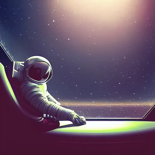 Image similar to astronaut sitting in a cheap hotel room, digital art, epic composition, highly detailed, cinematic lighting