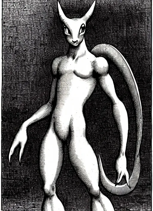 Prompt: illustration of mewtwo as a demon from the dictionarre infernal, etching by louis le breton, 1 8 6 9, 1 2 0 0 dpi scan, ultrasharp detail, clean scan