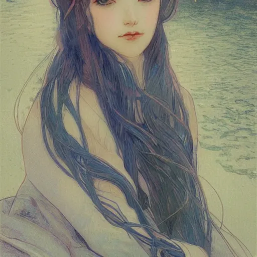 Prompt: A girl with long hair sitting by the river at night ,flowing hair by mucha and Krenz Cushart ,gloomy,geometric shapes, hard edges,blue theme ,-H768