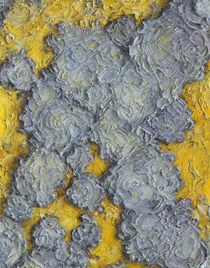 Image similar to texture of 3d high relief coral fluorite wall painted in the style of the old masters, colours grey,cream, Naples yellow, painterly, thick heavy impasto, expressive impressionist style, painted with a palette knife