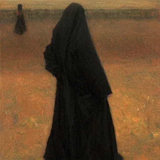 Prompt: Back view of the grim reaper, thin black robe, curvy, death himself, deep shadows, award winning, by Ilya Repin