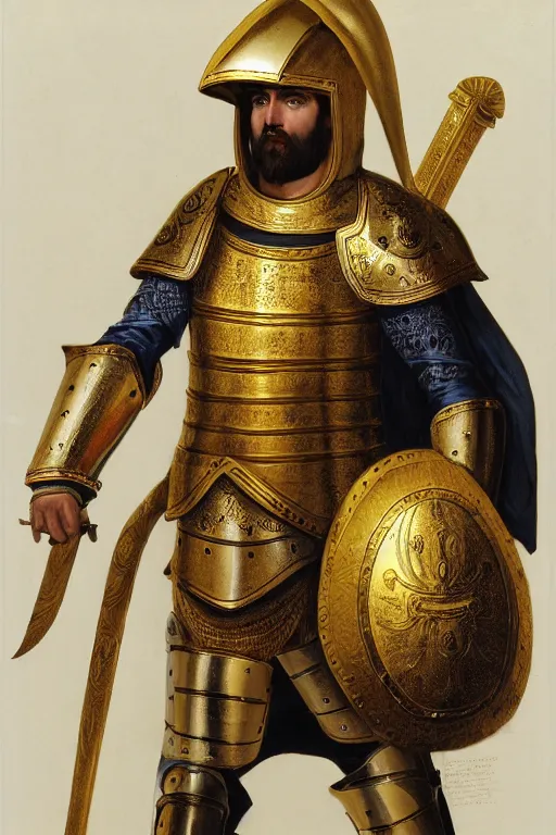 Prompt: man looking forward in decorated with gold baroque style christian crusader armor, cylindrical helmet covering all his face decorated with golden cross on front it's front end and white cape covering half of his body standing at the gates of jerusalem drawn by greg rutkowski realistic high detail