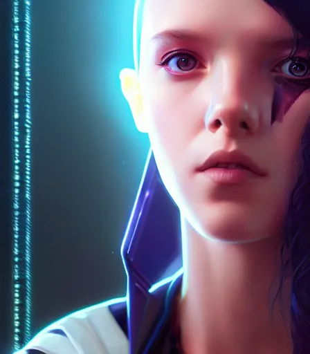 Prompt: beautiful portrait of a cyberpunk goddess who looks like Millie Bobby Brown , character design by charlie bowater, ross tran, artgerm, and makoto shinkai, detailed, soft lighting, rendered in octane