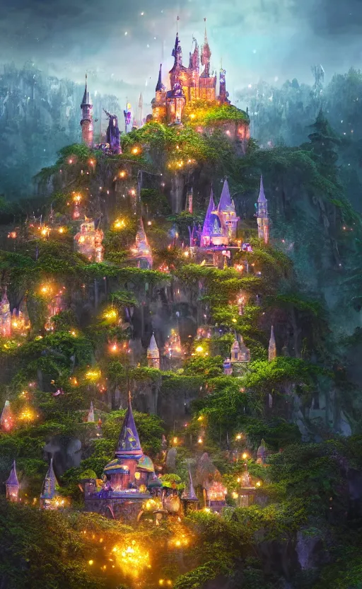 Image similar to microscopic castle on a hill, magical forest, community, robots, electric, furry, soft, concept art, intricate details, highly detailed, photorealistic, disney pixar, octane render, iridescent, anime, 8 k