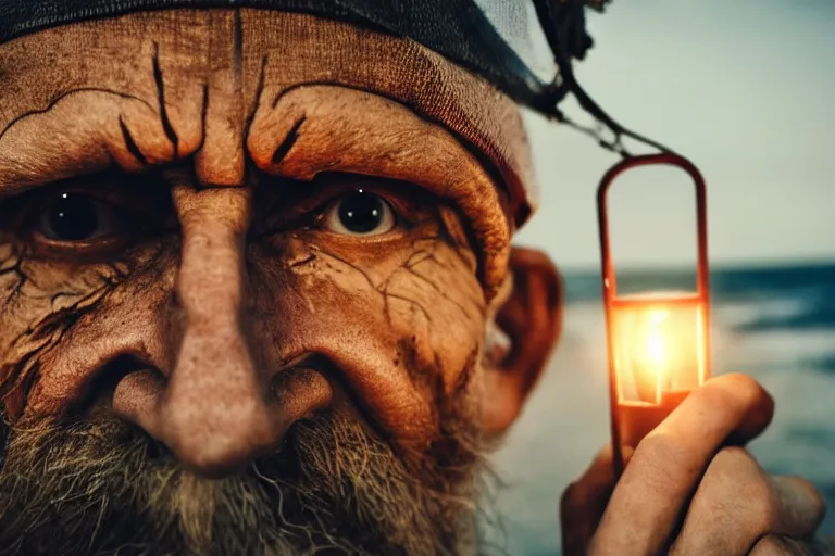 Image similar to closeup old man holding up a lantern on the beach in a pirate ship bay meet to a old wood shack by emmanuel lubezki