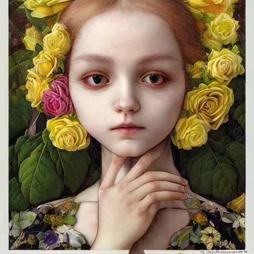 Prompt: white cat girl, botanical, yellow rose, portrait face, colorful, frantisek kupka, intricate, miles johnston, kuroda seiki, cynical realism, ozabu, john william godward, painterly, yoshitaka amano, moebius, miles johnston, louise zhang, james jean, mark ryden lowbrow pop surrealism art style