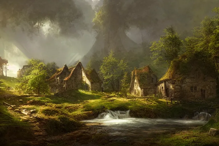 Image similar to a medieval farm with a stream in a forested valley by jessica rossier and brian froud cinematic painting