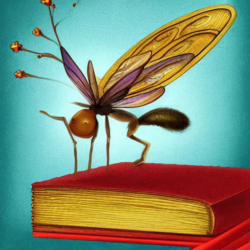 Image similar to a very small fairy with two legs flies above an open book, highly detailed, digital painting, sharp focus, fantasy art