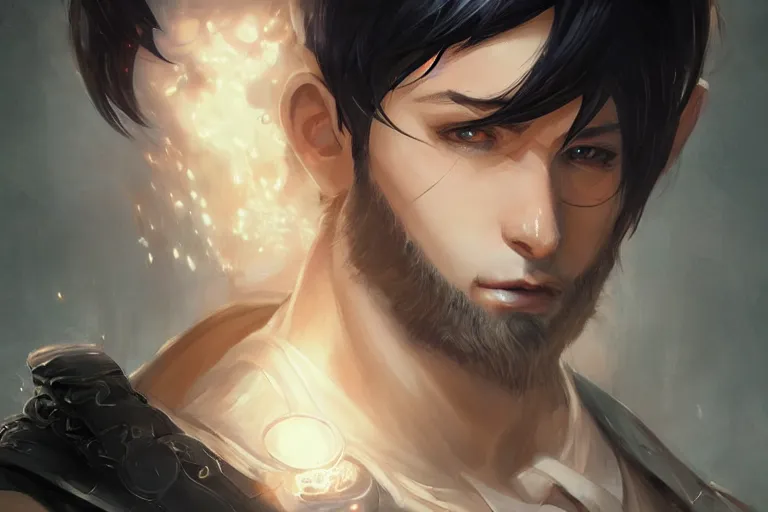 Prompt: handsome anime man with short black hair, d & d, fantasy, portrait, highly detailed, headshot, digital painting, trending on artstation, concept art, sharp focus, illustration, art by artgerm and greg rutkowski and magali villeneuve and wlop