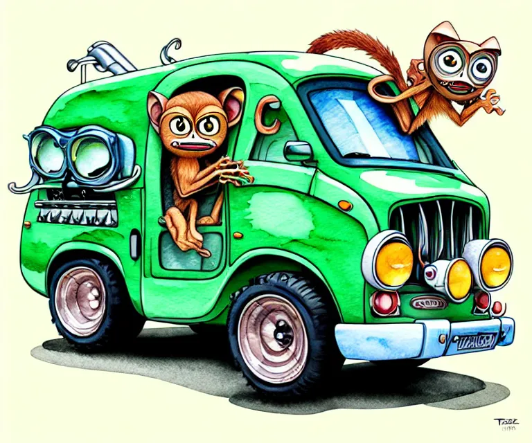 Image similar to cute and funny, tarsier driving a tiny hot rod morris j - type van with an oversized engine, ratfink style by ed roth, centered award winning watercolor pen illustration, isometric illustration by chihiro iwasaki, edited by craola, tiny details by artgerm and watercolor girl, symmetrically isometrically centered
