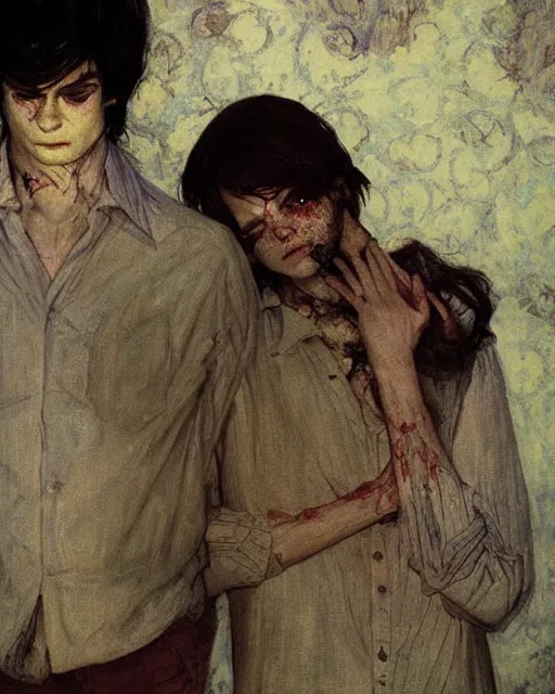 Image similar to two handsome but creepy young people in layers of fear, with haunted eyes and tangled hair, 1 9 7 0 s, seventies, wallpaper, a little blood, moonlight showing injuries, delicate embellishments, painterly, offset printing technique, by coby whitmore, jules bastien - lepage