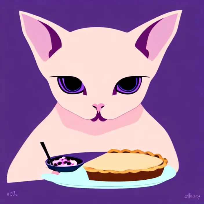 Prompt: an anthropomorphic sphynx cat fursona with big eyes eating a slice of blueberry pie, furry art, cute, minimalist, oil on canvas, soft lighting