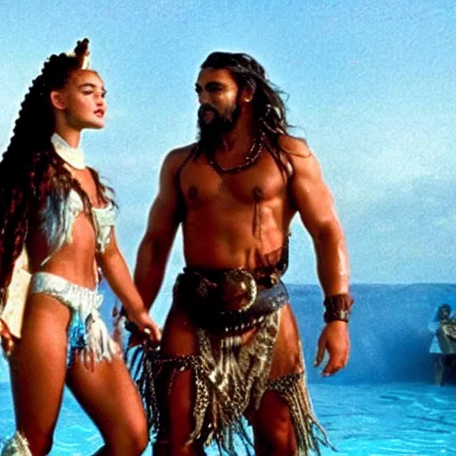 Image similar to A still of Jason Momoa and Ariana Grande in Waterworld (1995)