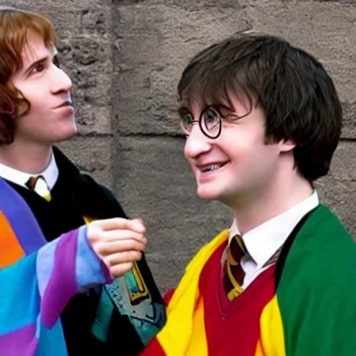 Image similar to harry potter hugs voldemort pride flag in background