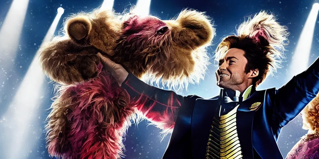 Image similar to Hugh Jackman in Greatest Showman standing 6 feet from a plink fluffy furry monster making silly faces on a stage with spotlights, movie still