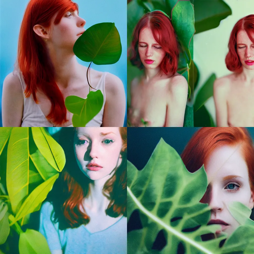 Prompt: A Hyper realistic and detailed double exposure portrait photography of a redhead woman and a big wide leaves. Cinestill 800T film. Detailed. Cinematic. High quality. expired film. lens flare. contrast.