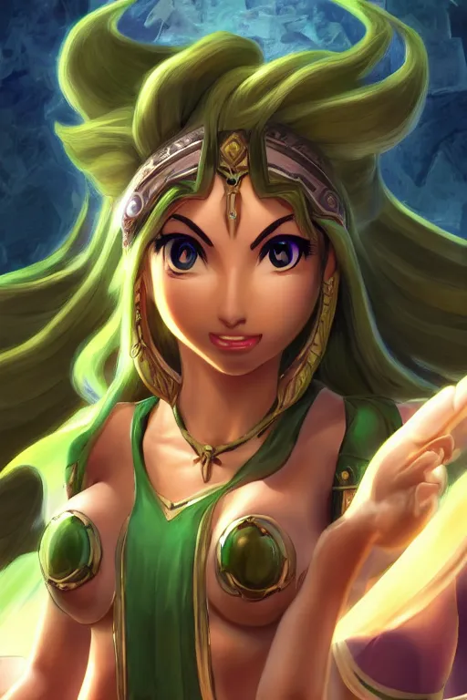 Prompt: portrait, head and torso only, palutena in a victorious stance, trending on artstation, concept art, movie poster, fine detail, unreal engine, masterpiece, 4 k, hd