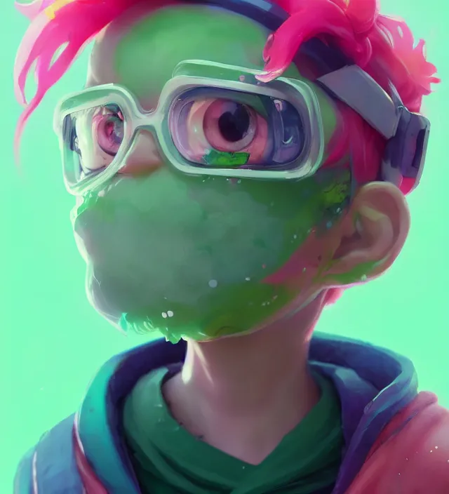 Image similar to a beautiful portrait of a cute splatoon anime boy with pink hair wearing a green hoodie. character design by cory loftis, fenghua zhong, ryohei hase, ismail inceoglu and ruan jia. artstation, volumetric light, detailed, photorealistic, fantasy, rendered in octane