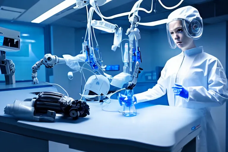 Image similar to promotional image from a sci - fi movie, a cyborg girl on the operation table in a dark dystopian lab, soft blue light, a cyborg surgeon robot, medical equipment, 8 k, cinematic, very detailed face, movie still frame, promotional image, imax 7 0 mm footage