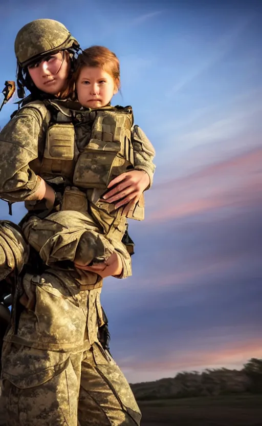 Prompt: female soldier carrying a small girl on the shoulder into a transport helicopter for the extraction, highly detailed, high resolution, war footage, stunning, real sunset, in the middle of a firefight, girls frontline style, bokeh soft, 100mm, trending on instagram, photo by steve mccurry, realistic human anatomy, realistic military carrier, soldier clothing, modern warfare, realistic guns