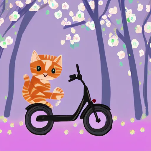 Image similar to a cute artwork of two chibi cats riding scooters through a forest of cheery blossom trees, procreate