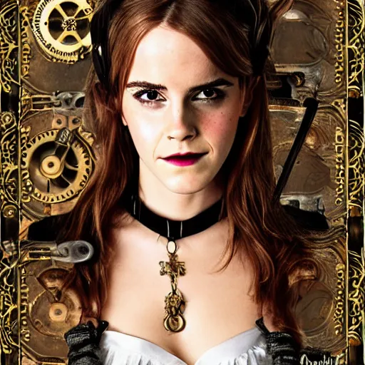 Image similar to emma watson, steampunk style, studio portrait photo, 50mm lens