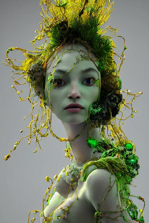 Prompt: an epic non - binary model, subject made of cracked clay, vine headdress, cables all over, flowing dress, with yellow and green bubbles bursting out, delicate, beautiful, intricate, melting into jolteon, houdini sidefx, by jeremy mann and ilya kuvshinov, jamie hewlett and ayami kojima, bold 3 d