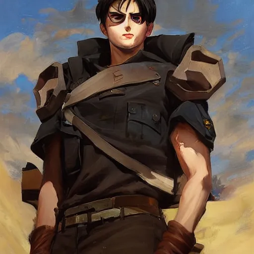 Prompt: greg manchess portrait painting of eren jeager as overwatch character, medium shot, symmetrical, alan yeager ， profile picture, organic painting, sunny day, matte painting, bold shapes, hard edges, street art, trending on artstation, by huang guangjian and gil elvgren and sachin teng