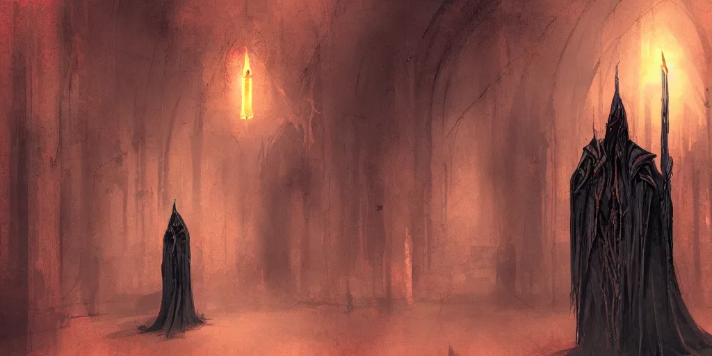 Image similar to dark satanist figures, red smoke, turned cross, inside big golden church hallway, creepy, concept art, style of anato finnstark,