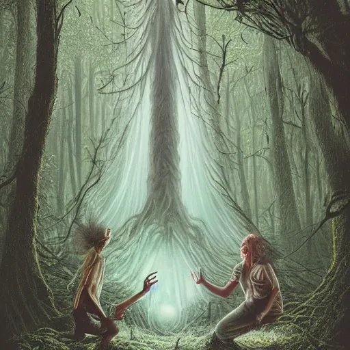 Image similar to having a good time, dancing in the forest, giant trees, flowers, neon, by Ross Tran, Basil Gogos, Laurie Lipton, Zdzisław Beksiński, Junji Ito, Laurie Lipton, and Michael Whelan, distant, gustav dore, H.R. Giger, 8k, hd, 4k, hyper, realistic, octane render