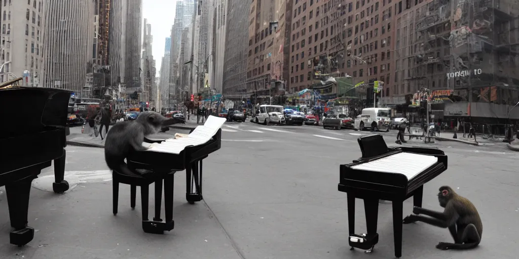 Prompt: a super high-resolution photo of a monkey playing the piano in the busy New York street