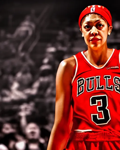 Prompt: candace parker in bulls jersey, high contrast, cinematic film still