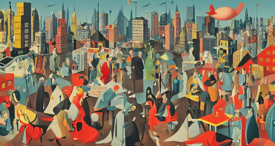 Prompt: a retro illustration of a midcentury modern hieronymus bosch depiction of new york city in the style of josh agle and nat reed, ultra realistic, hyper detailed, 4 k,