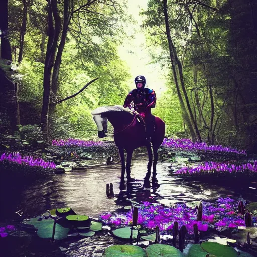 Image similar to a photo of an astronaut riding a horse in the forest. there is a river in front of them with water lilies.
