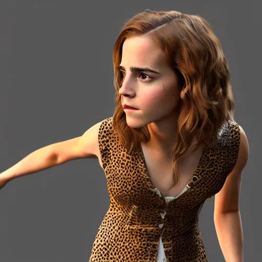 Image similar to emma watson as hermione granger transforming into a curvaceous cheetah woman, 3 d render